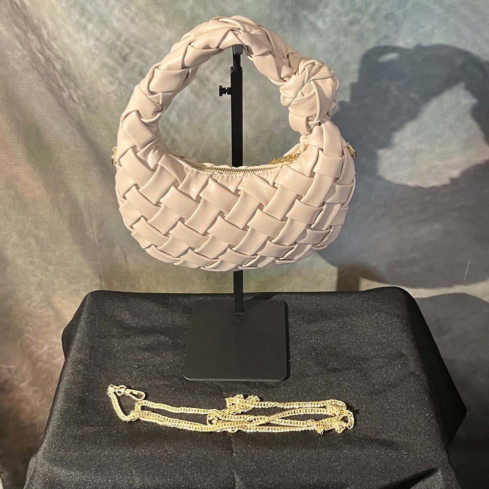 Urban Expressions Cream Woven Knot Handle Shoulder Bag Gold Chain Crossbody - Picture 2 of 12